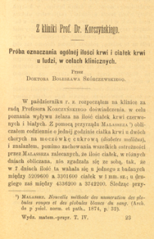 Pr&oacute;ba oznaczania og&oacute;ln&eacute;j ilości krwi i ciałek krwi u ludzi, w celach klinicznych