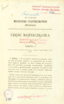 Wykład mechaniki cząsteczkowej (molekularnej). T. 1, Z. 1. Część r&oacute;żniczkowa.