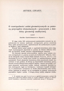 O rozwiązalności zadań gieometrycznych za pomocą przyrząd&oacute;w elementarnych - przyczynek z dziedziny gieometrji analitycznej