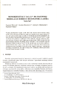 Monokryształy YAG : Cr4+ do pasywnej modulacji dobroci rezonatora lasera YAG : Nd3+ = YAG:Cr4+ crystals as passive q-switches for YAG:Nd3+ laser