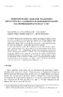 Otrzymywanie i badanie własności optycznych i laserowych monokryształ&oacute;w YAG domieszkowanych Er3+ i Yb3+ = Crystal growth and investigations of optical and lasing properties of Er3+ and Yb3+ doped YAG crystals