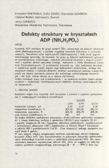 Defekty struktury w kryształach ADP (NH4H2PO4) = Structure defects in ADP (NH4H2PO4) single crystals