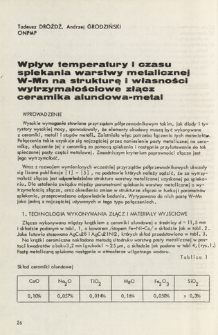 Wpływ temperatury i czasu spiekania warstwy metalicznej W-Mn na strukturę i własności wytrzymałościowe złącz ceramika alundowa-metal = Influence of temperature and sintering time of W-Mn metallic layer on structure and strength properties of ceramic-metal seal