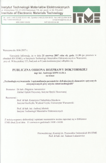 Technologia wytwarzania i optymalizacja parametrów dyfrakcyjnych elementów optycznych otrzymywanych przy użyciu elektronolitografii. Publiczna obrona rozprawy doktorskiej