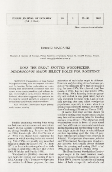Does the Great Spotted Woodpecker Dendrocopos major select holes for roosting?