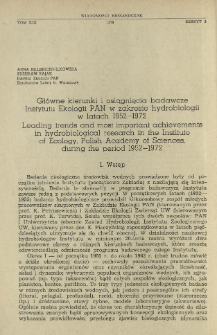Gł&oacute;wne kierunki i osiągnięcia badawcze Instytutu Ekologii PAN w zakresie hydrobiologii w latach 1952-1972