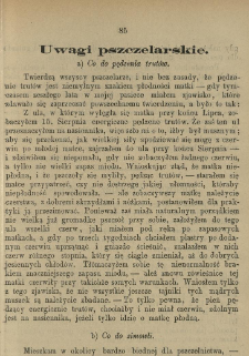 Uwagi pszczelarskie. a) Co do pędzenia trut&oacute;w, b) Co do zimowli