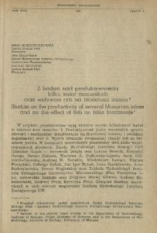 Z badań nad produktywnością kilku jezior mazurskich oraz wpływem ryb na biocenozę jeziora