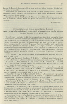 Sympozjum na temat rezultat&oacute;w badań nad prawidłowościami produkcji ekosystemu Loch Leven (Stirling, Szkocja, 11-13 VI 1973 r.)