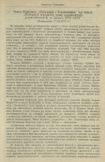 Sesja Komitetu "Człowiek i Środowisko" na temat "Przegląd wyników prac naukowych prowadzonych w latach 1972-1973" (Warszawa, 17 XII 1973 r.)