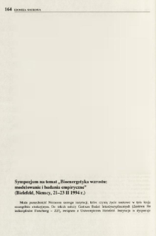 Sympozjum na temat "Bioenergetyka wzrostu: modelowanie i badania empiryczne" (Bielefeld, Niemcy, 21-23 II 1994 r.)