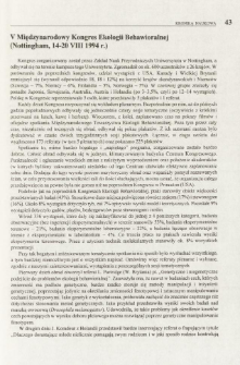 V Międzynarodowy Kongres Ekologii Behawioralnej (Nottingham, 14-20 VIII 1994 r.)