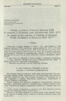 Uwagi o rozwoju Instytutu Ekologii PAN w związku z 25-leciem jego działalności (1952-1977)