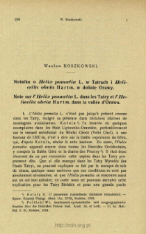 Notatka o Helix pomatia L. w Tatrach i Helicella obvia Hartm. w dolinie Orawy = Note sur l'Helix pomatia L. dans les Tatry et l'Helicella obvia Hartm. dans la vall&eacute;e d'Orawa