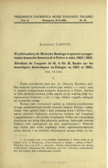 Wyniki ankiety dr. Henryka Raabego w sprawie występowania komar&oacute;w domowych w Polsce w roku 1924 i 1925 = R&eacute;sultats de l'enqu&ecirc;te de M. le Dr. H. Raabe sur les moustiques domestiques en Pologne en 1924 et 1925
