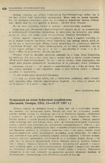 Sympozjum na temat behawioru zooplanktonu (Savannah, Georgia, USA, 13-16 IV 1987 r.)