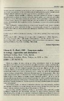 Likens G. E. (Red.) 1989 - Long-term studies in ecology. Approaches and alternatives - Springer-Verlag, New York, Berlin, Heidelberg, London, Paris, Tokyo, ss. XVI+214. [ISBN 0-387-96743-5]