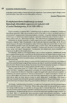 II międzynarodowa konferencja na temat limnologii zbiorników zaporowych i jakości wód (Czeskie Budziejowice, 9-14 VIII 1992 r.)