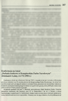 Konferencja na temat "Badania naukowe w Kampinoskim Parku Narodowym " (Dziekanów Leśny, 2-3 VI 1993 r.)