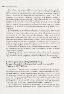 Konferencja na temat "Biologia nornicy rudej: Postępy w badaniach biologii populacji modelowego gatunku" (Pułtusk, 15-18 IV 1999 r.)