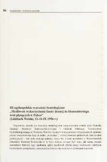 III ogólnopolskie warsztaty bentologiczne "Możliwość wykorzystania fauny dennej do biomonitoringu wód płynących w Polsce" (Lidzbark Welski, 12-14 IX 1996r.)