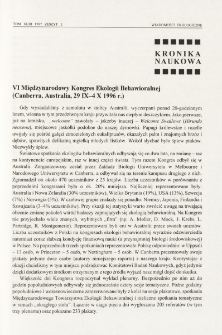VI Międzynarodowy Kongres Ekologii Behawioralnej (Canberra, Australia, 29 IX 1996 r.)