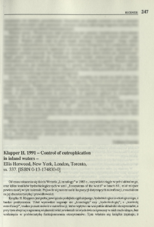 Klapper H. 1991 - Control of eutrophication in inland waters - Ellis Horwood, New York, London, Toronto, ss. 337. [ISBN 0-13-174830-0]