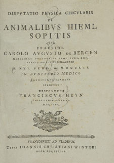 Disputatio Physica Circularis De Animalibus Hieme Sopitis