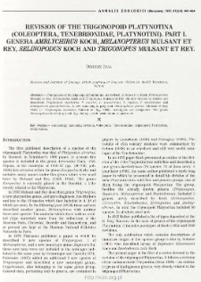 Revision of the trigonopoid Platynotina (Coleoptera, Tenebrionidae, Platynotini). Part 1, Genera Amblychirus Koch, Melanopterus Mulsant and Rey, Selinopodus Koch and Trigonopus Mulsant et Rey