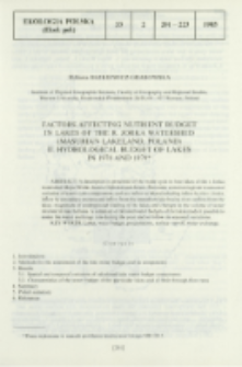 Factors affecting nutrient budget in lakes of the r. Jorka watershed (Masurian Lakeland, Poland). 2, Hydrological budget of lakes in 1978 and 1979