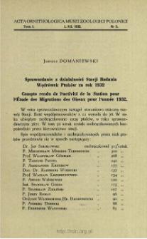 Sprawozdanie z działalności Stacji Badania Wędr&oacute;wek Ptak&oacute;w za rok 1932